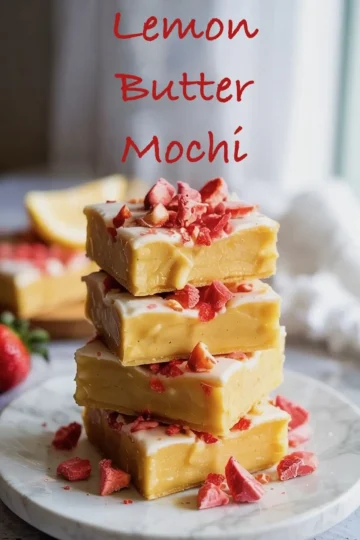 Stack of four lemon butter mochi bars on a round marble board, topped with chopped freeze-dried strawberries, showing a soft, chewy interior with glossy lemon glaze.
