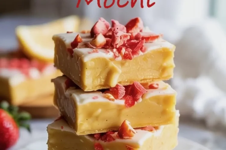 Stack of four lemon butter mochi bars on a round marble board, topped with chopped freeze-dried strawberries, showing a soft, chewy interior with glossy lemon glaze.