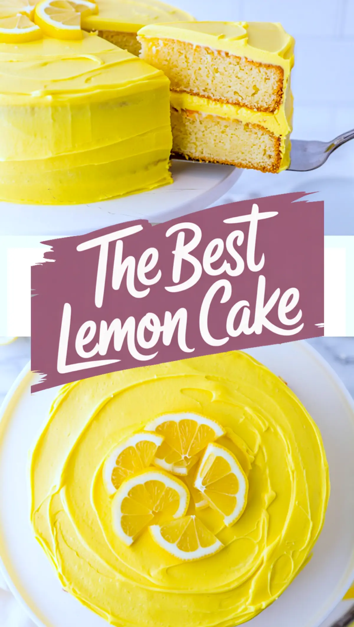 Sliced lemon cake with moist yellow crumb and thick buttercream frosting, topped with fresh lemon slices.