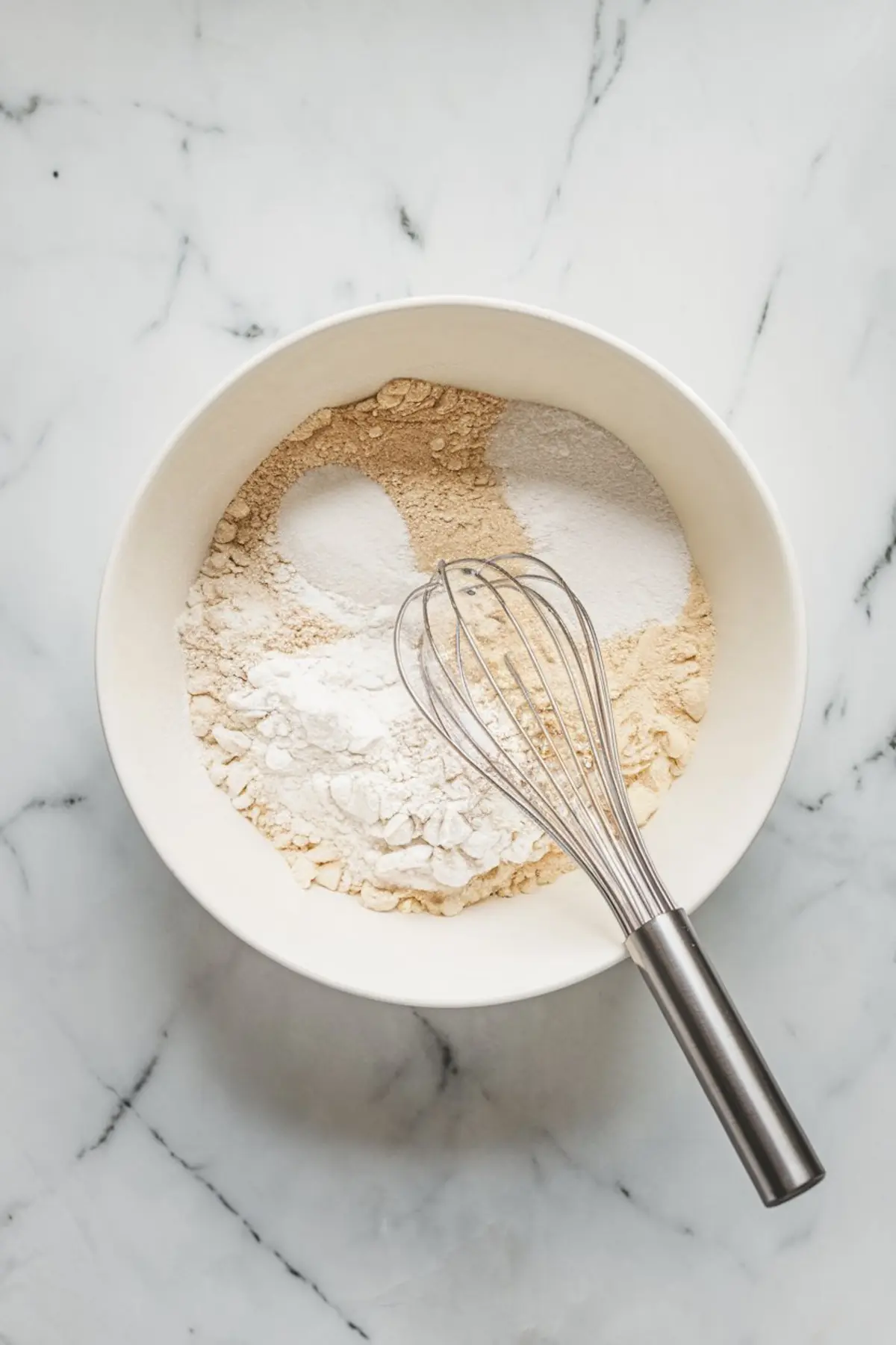 Dry ingredients for lemon cake including flour, baking soda, and sugar in a white mixing bowl with a metal whisk on a marble background.
