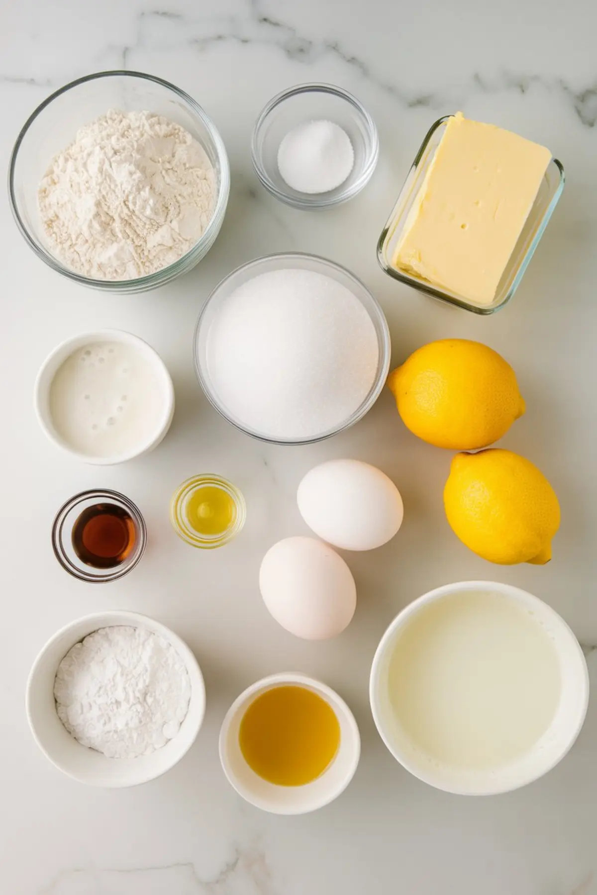 Flat lay of lemon cake ingredients on a marble counter including flour, sugar, butter, lemons, eggs, milk, baking powder, vanilla extract, lemon extract, and sour cream.