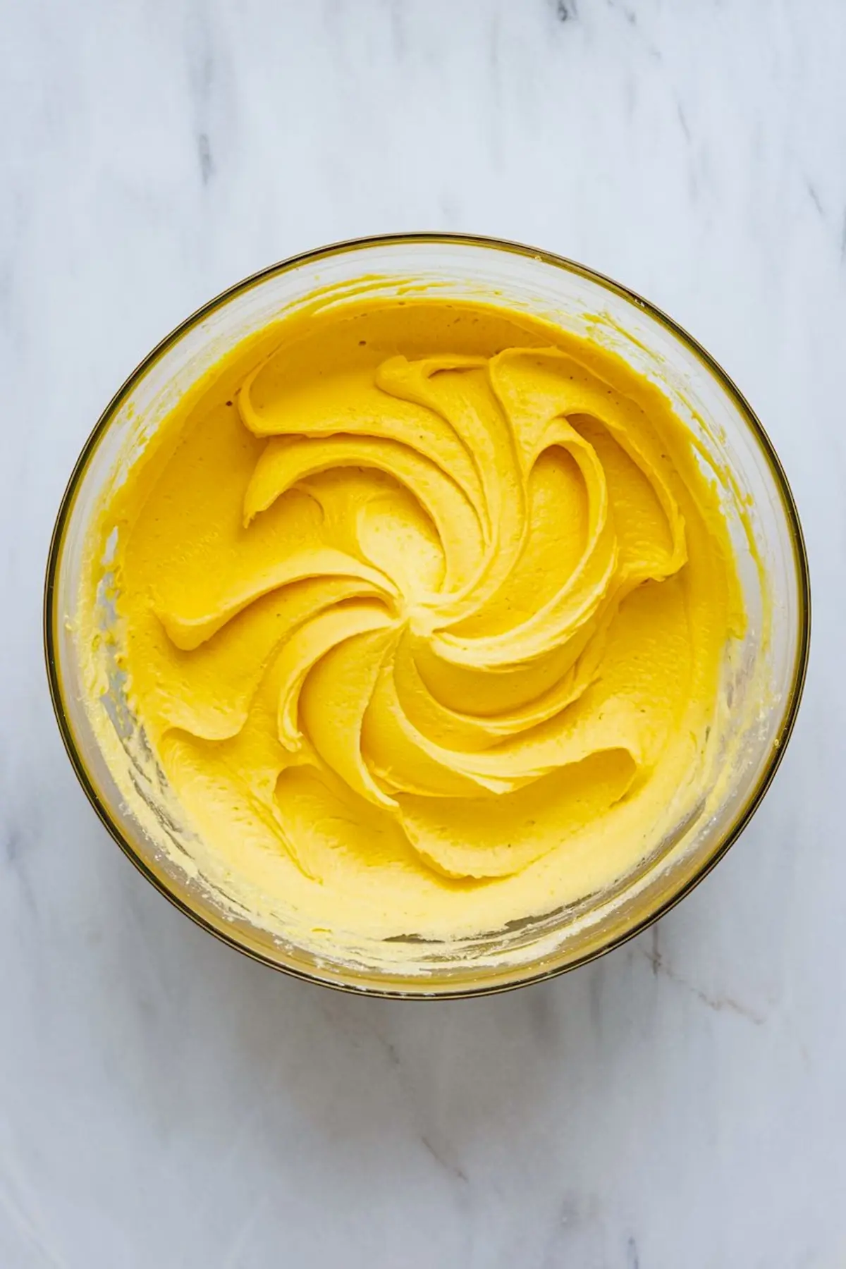 Bright yellow lemon cake batter swirled in a glass bowl on a marble surface, showing a smooth and creamy texture ready for baking.