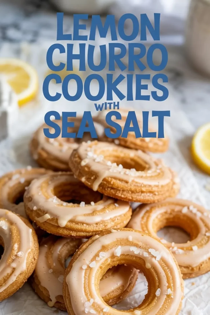 Ring-shaped lemon churro cookies topped with vanilla glaze and sea salt flakes, arranged on parchment paper with lemon slices in the background for a fresh and zesty dessert presentation.