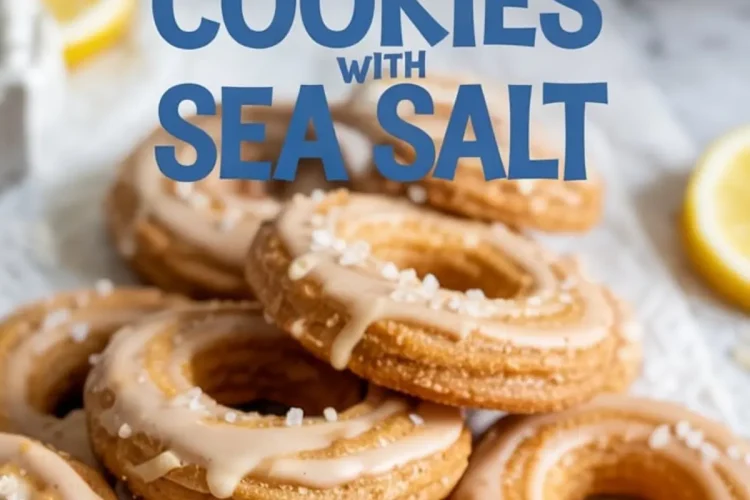 Ring-shaped lemon churro cookies topped with vanilla glaze and sea salt flakes, arranged on parchment paper with lemon slices in the background for a fresh and zesty dessert presentation.
