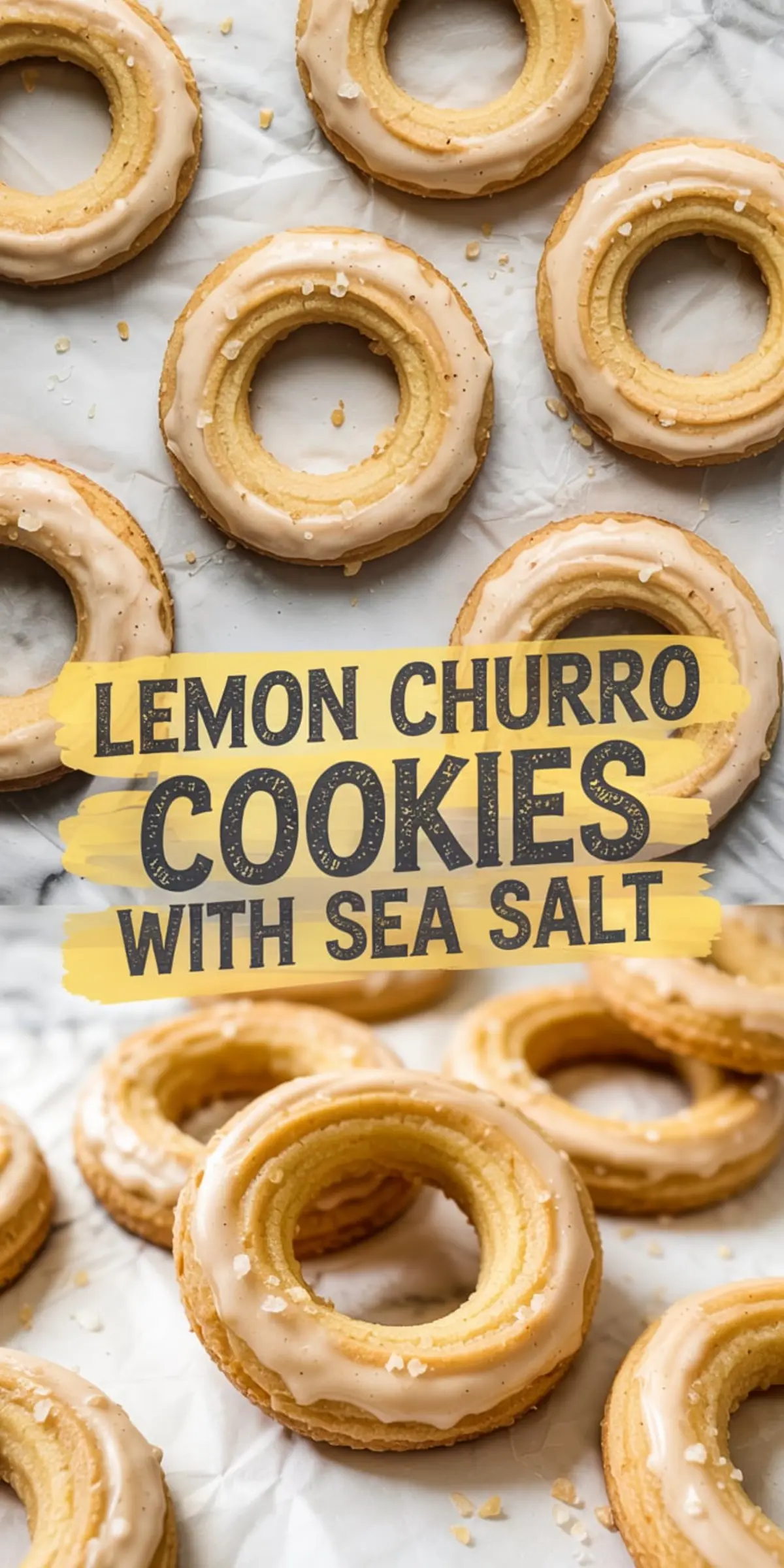 Overhead shot of baked lemon churro cookies with piped ridges, glazed with citrus icing and sprinkled with coarse sea salt, laid out on white parchment for a light and clean food styling.
