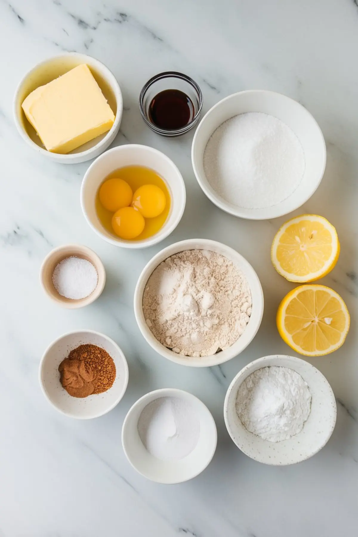Flat lay of baking ingredients on marble, including flour, sugar, butter, eggs, vanilla, salt, cinnamon, lemon halves, and baking powders, for making citrus churro cookies from scratch.