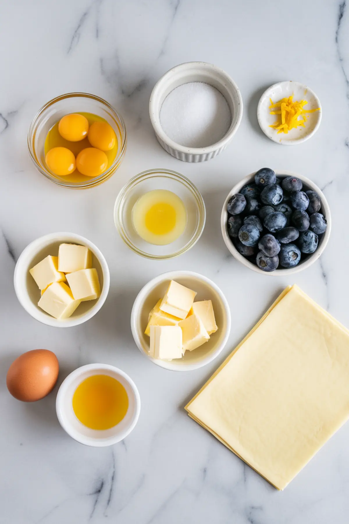 Flat lay of lemon curd mille-feuille ingredients on a marble surface, including egg yolks, sugar, lemon zest, lemon juice, blueberries, butter cubes, puff pastry sheets, and vanilla extract.
