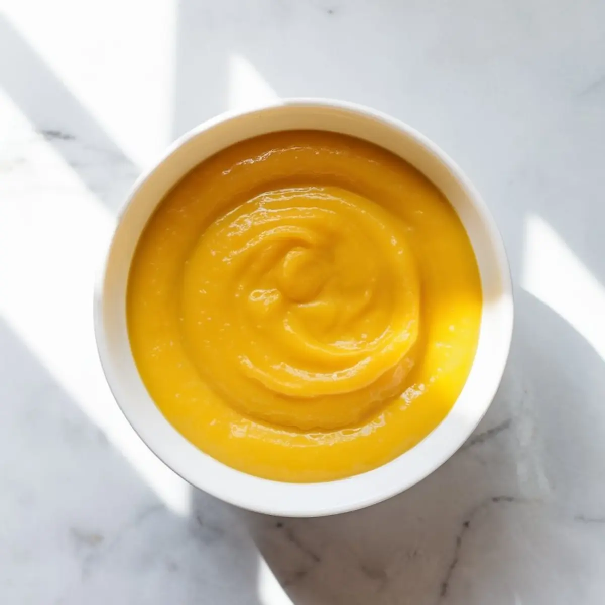 Brightly lit bowl of smooth, freshly made lemon curd with a glossy texture, photographed on a white marble surface with natural light and shadows.