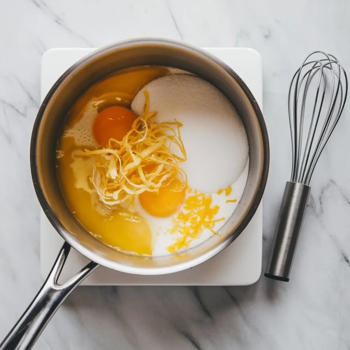 Overhead view of a saucepan containing eggs, sugar, lemon juice, and lemon zest for making lemon curd, placed on a marble counter beside a wire whisk.