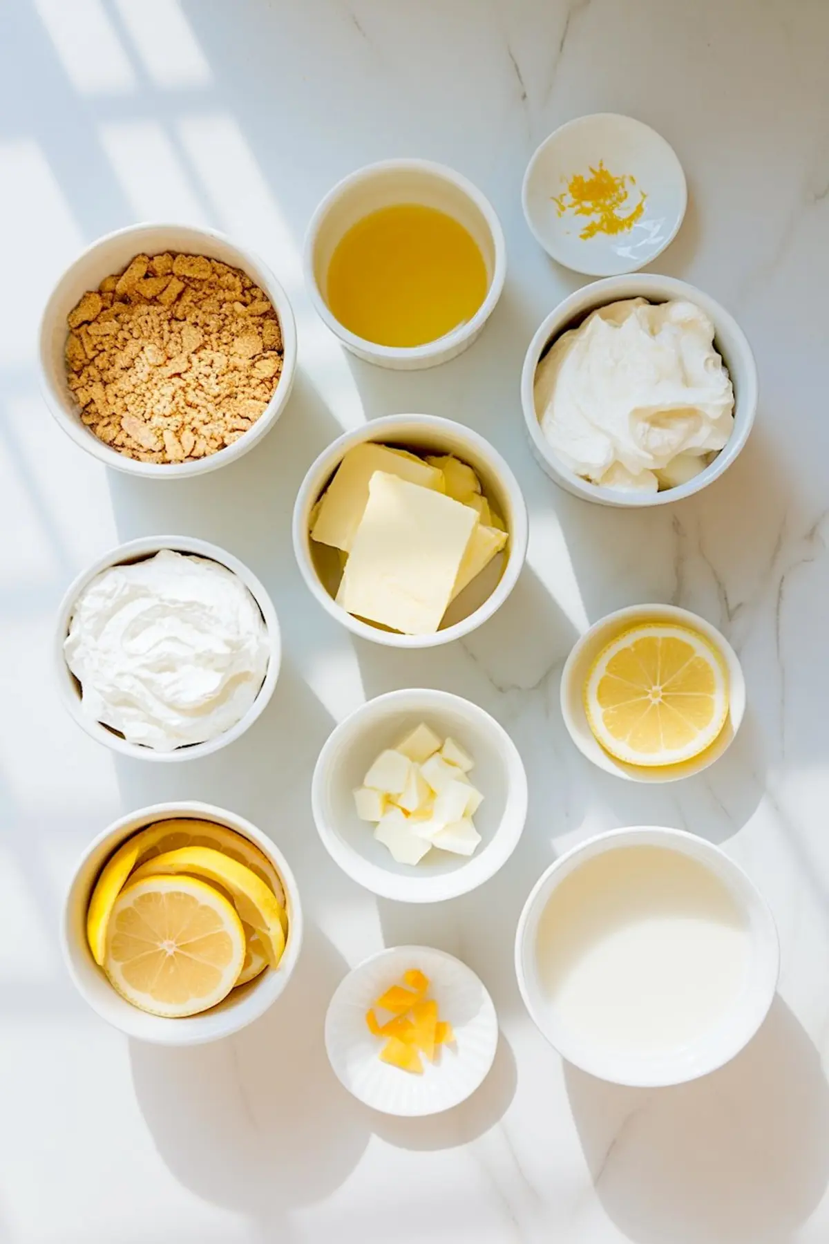Overhead view of ingredients for lemon lasagna, including crushed graham crackers, lemon juice, whipped topping, cream cheese, sliced lemons, lemon zest, milk, and butter, arranged in small bowls on a white marble surface.