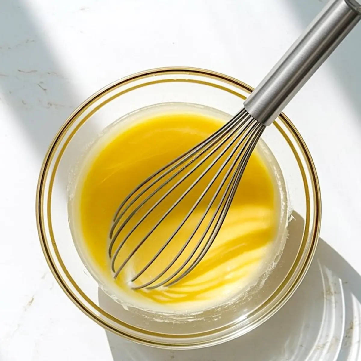 Glass mixing bowl filled with smooth lemon pudding being whisked, showing the rich yellow texture and glossy consistency under natural sunlight.
