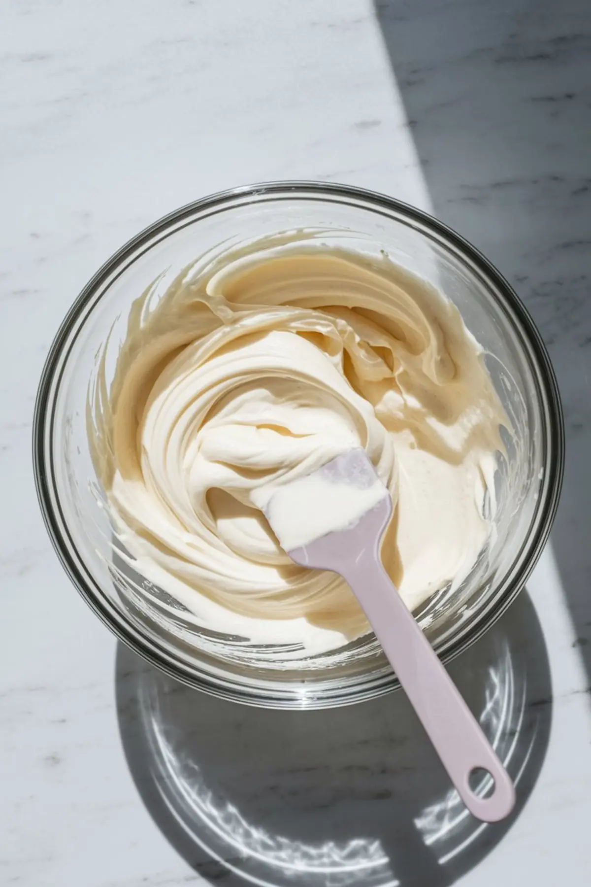 Creamy whipped cheesecake layer in a clear glass bowl, featuring a smooth, fluffy texture with a pink spatula resting inside, lit by soft daylight.