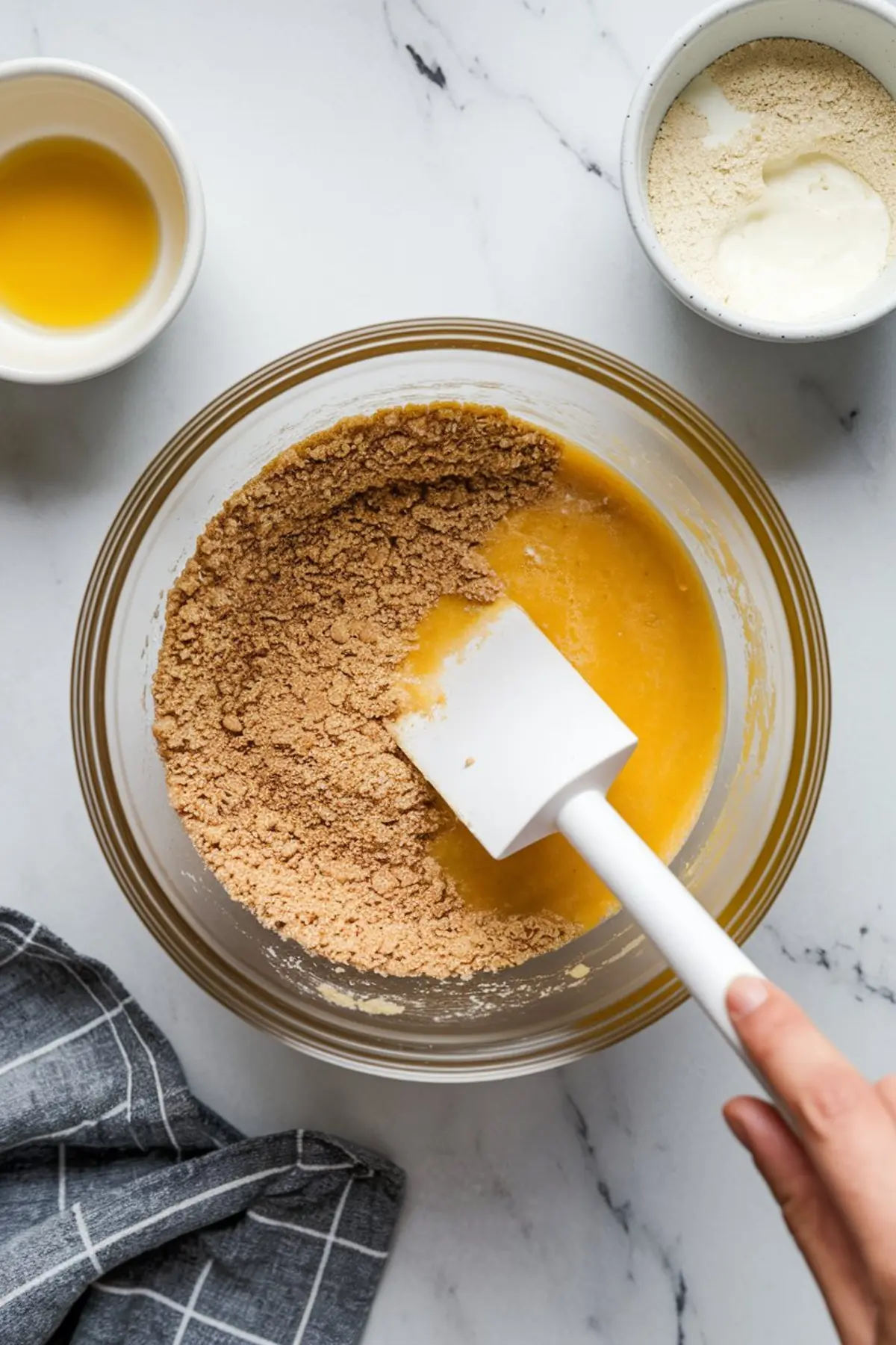 Graham cracker crumbs being mixed with melted butter and lemon juice in a glass bowl using a white spatula, forming the base crust for lemon lasagna on a marble countertop.