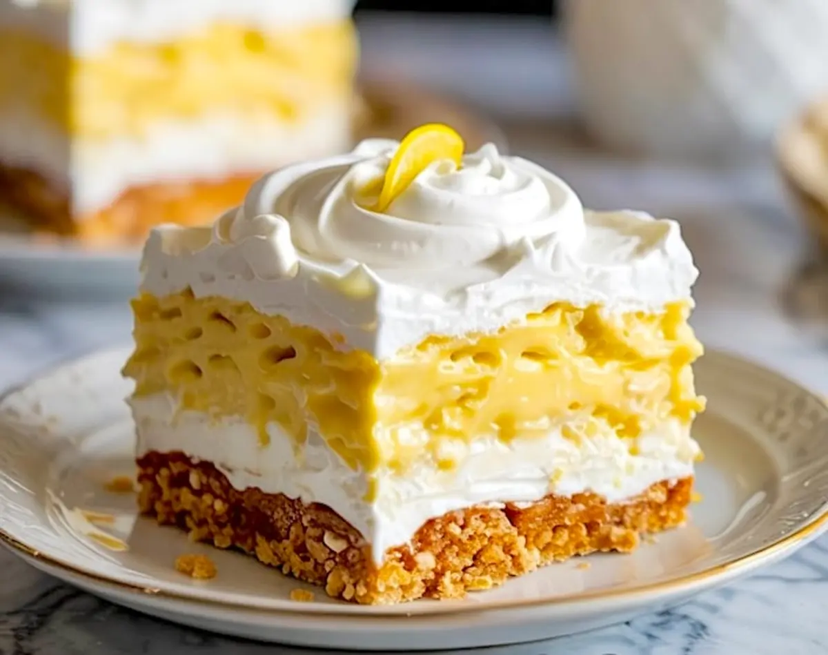 Close-up of a lemon lush dessert slice featuring layers of whipped cream, lemon pudding, and cream cheese over a golden pecan crust, garnished with a lemon twist on a white plate.