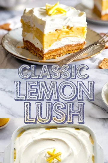 Vertical collage with two views of lemon lush dessert, one showing a plated slice with lemon garnish and the other a baking dish topped with swirled whipped cream, overlaid with bold text reading “Classic Lemon Lush.”