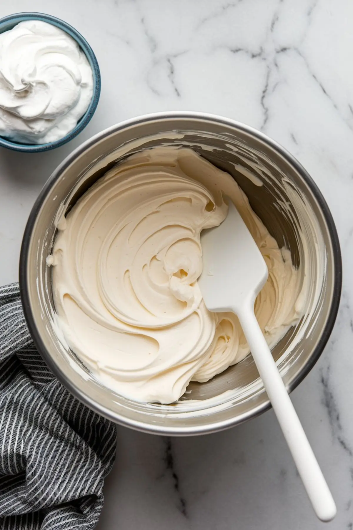 Mixing bowl filled with smooth cream cheese mixture with a white spatula, next to a smaller bowl of whipped topping, set on a white marble countertop with a striped kitchen towel.