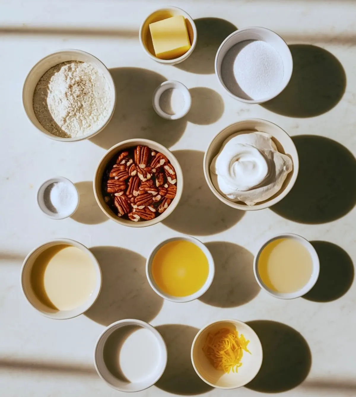 Flat lay of ingredients for lemon lush dessert including flour, sugar, butter, pecans, whipped topping, lemon juice, sweetened condensed milk, lemon zest, and salt arranged in small bowls on a white surface with natural lighting.
