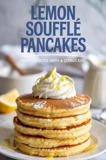 Stack of lemon soufflé pancakes topped with whipped cream and lemon zest, with large text reading “Lemon Soufflé Pancakes” in the background.