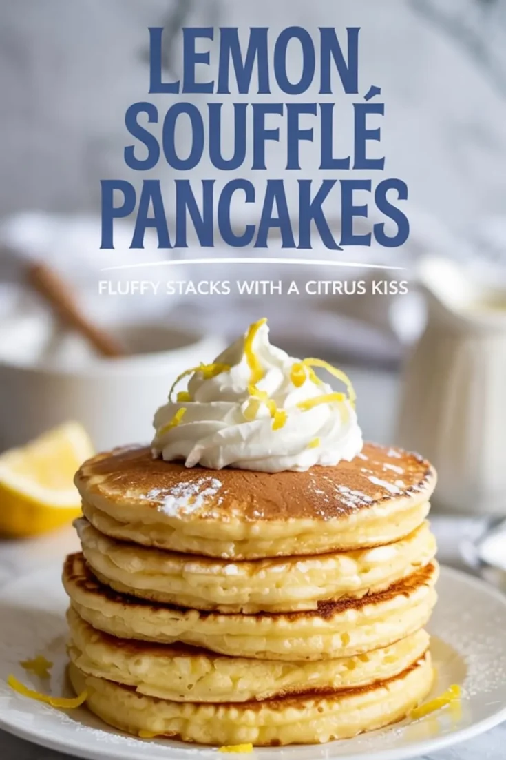 Stack of lemon soufflé pancakes topped with whipped cream and lemon zest, with large text reading “Lemon Soufflé Pancakes” in the background.
