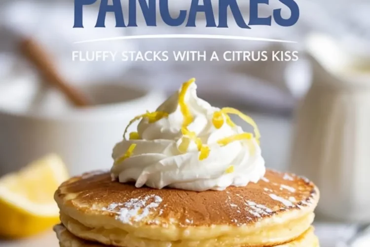 Stack of lemon soufflé pancakes topped with whipped cream and lemon zest, with large text reading “Lemon Soufflé Pancakes” in the background.