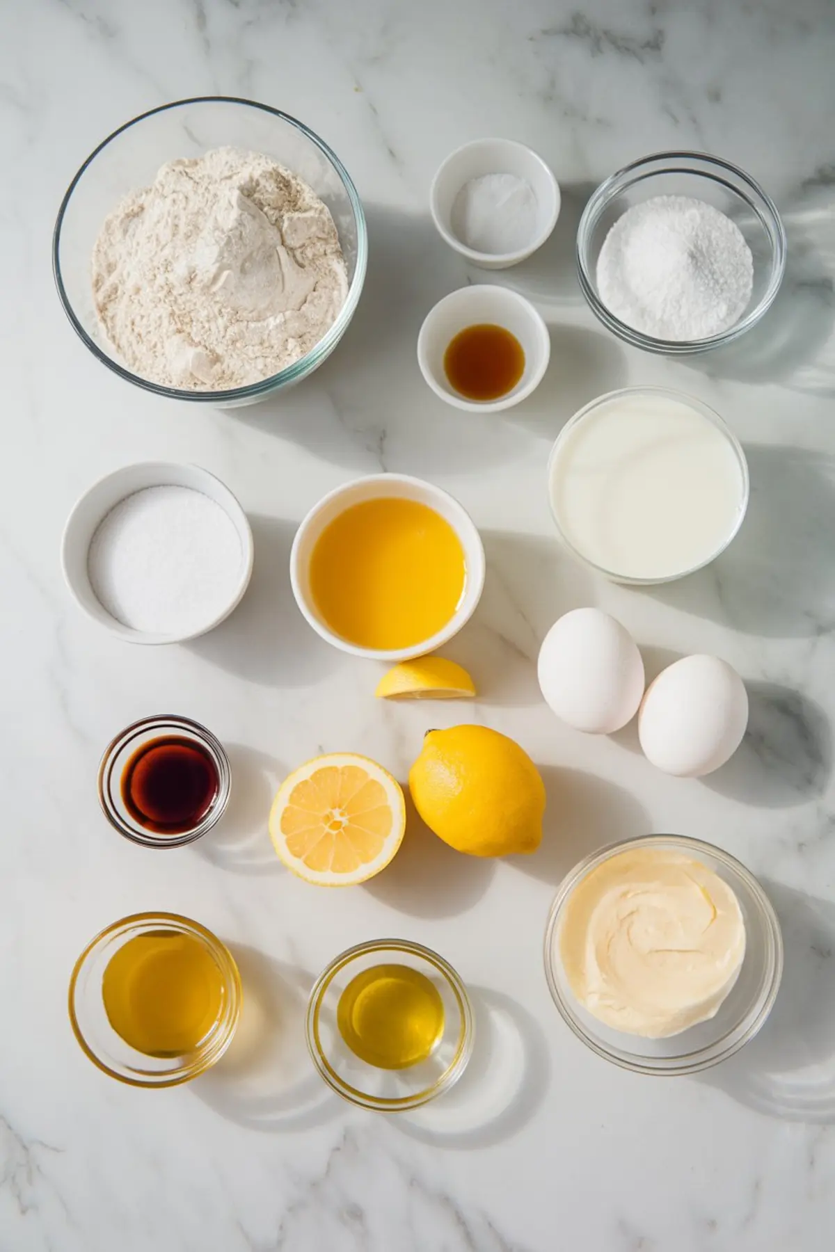 Overhead view of lemon pancake ingredients on a marble countertop, including flour, eggs, sugar, milk, lemon, butter, vanilla extract, and baking soda in glass and ceramic bowls.