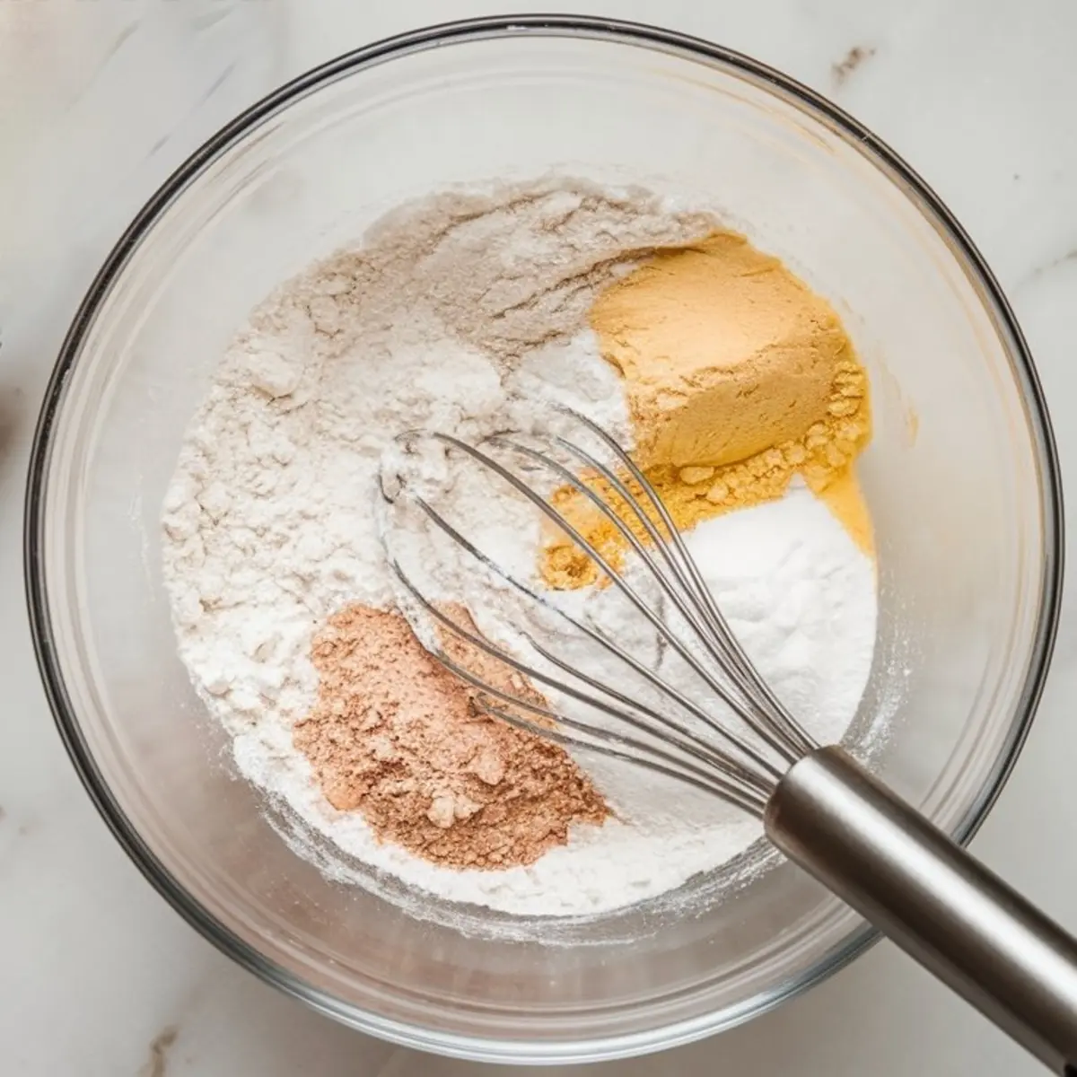 Glass bowl filled with a mix of dry ingredients including flour, cornstarch, baking powder, and spices, with a metal whisk resting on top, on a marble surface.