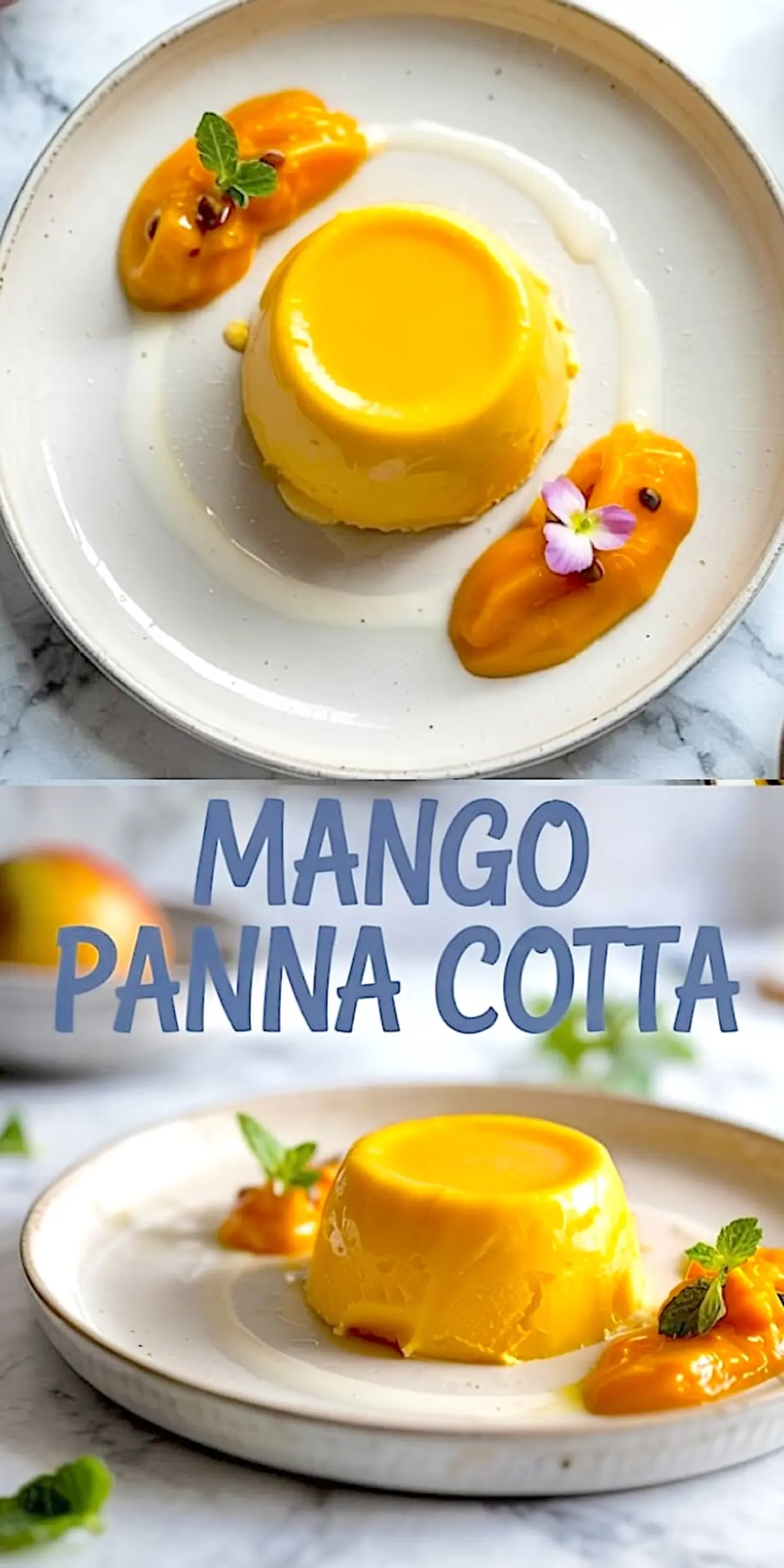 Smooth mango panna cotta plated with mango purée, mint leaves, and edible flowers on a white ceramic plate, shown from top and side angles for dessert styling inspiration.