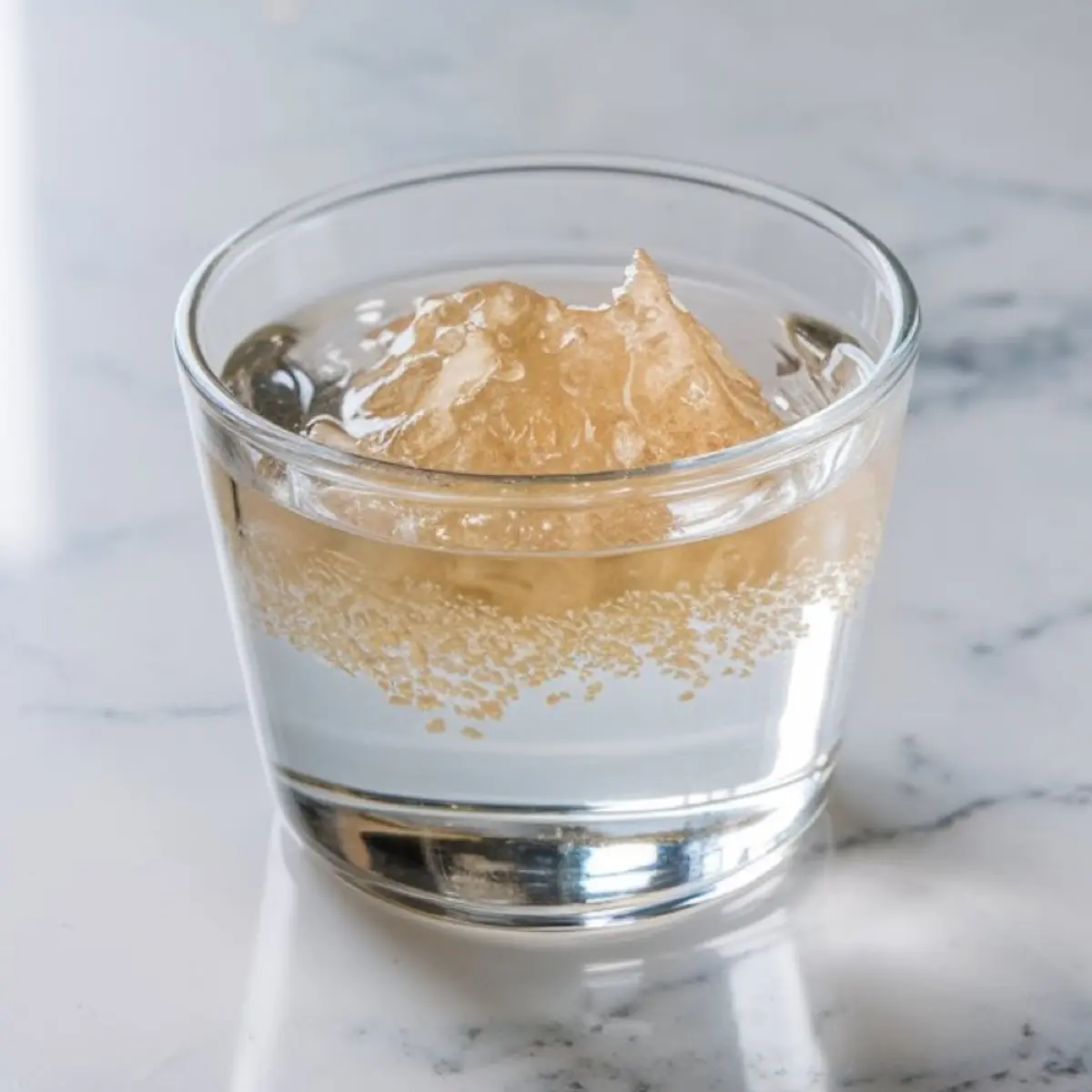 Glass filled with water and blooming gelatin sheets, captured on a marble surface to show the gelatin preparation process for panna cotta.