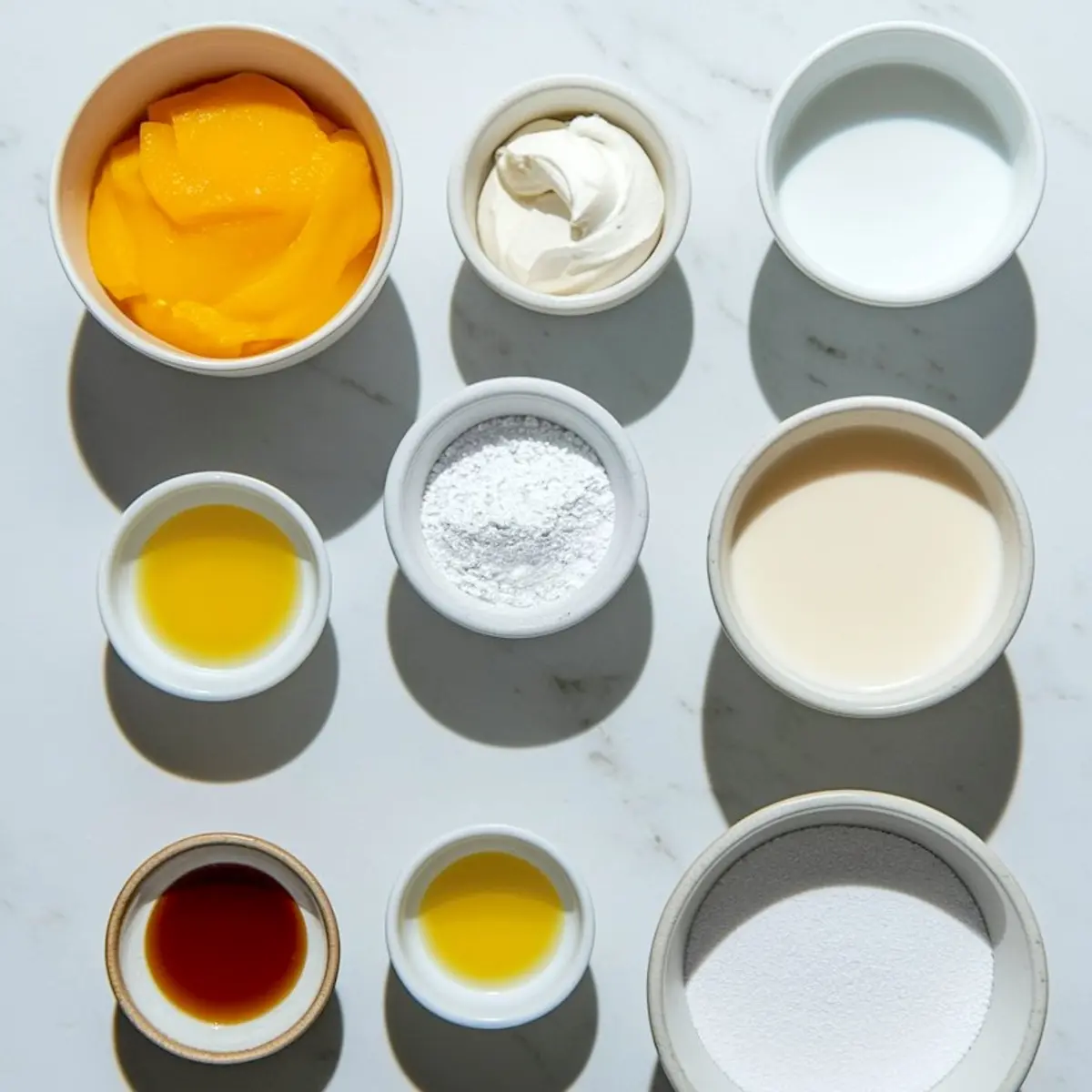 Flat lay of small ceramic bowls filled with ingredients for mango panna cotta, including mango slices, cream, sugar, yogurt, lemon juice, vanilla extract, and milk, arranged on a marble surface.
