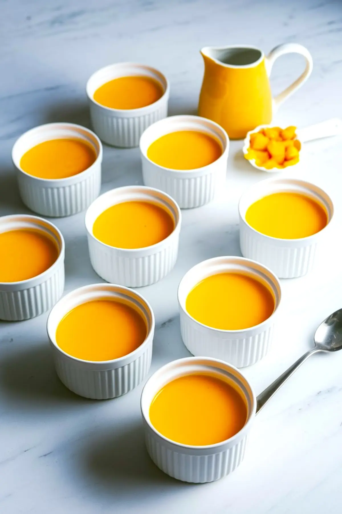 Rows of ramekins filled with silky mango panna cotta mixture, set on a white marble background beside a yellow pitcher and diced mango for chilled dessert preparation.