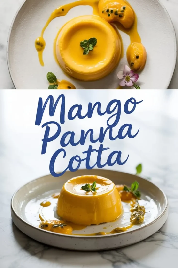 Elegant mango panna cotta on a white ceramic plate, drizzled with mango sauce, garnished with mint leaves and edible flower, presented with “Mango Panna Cotta” text overlay from top and side views.