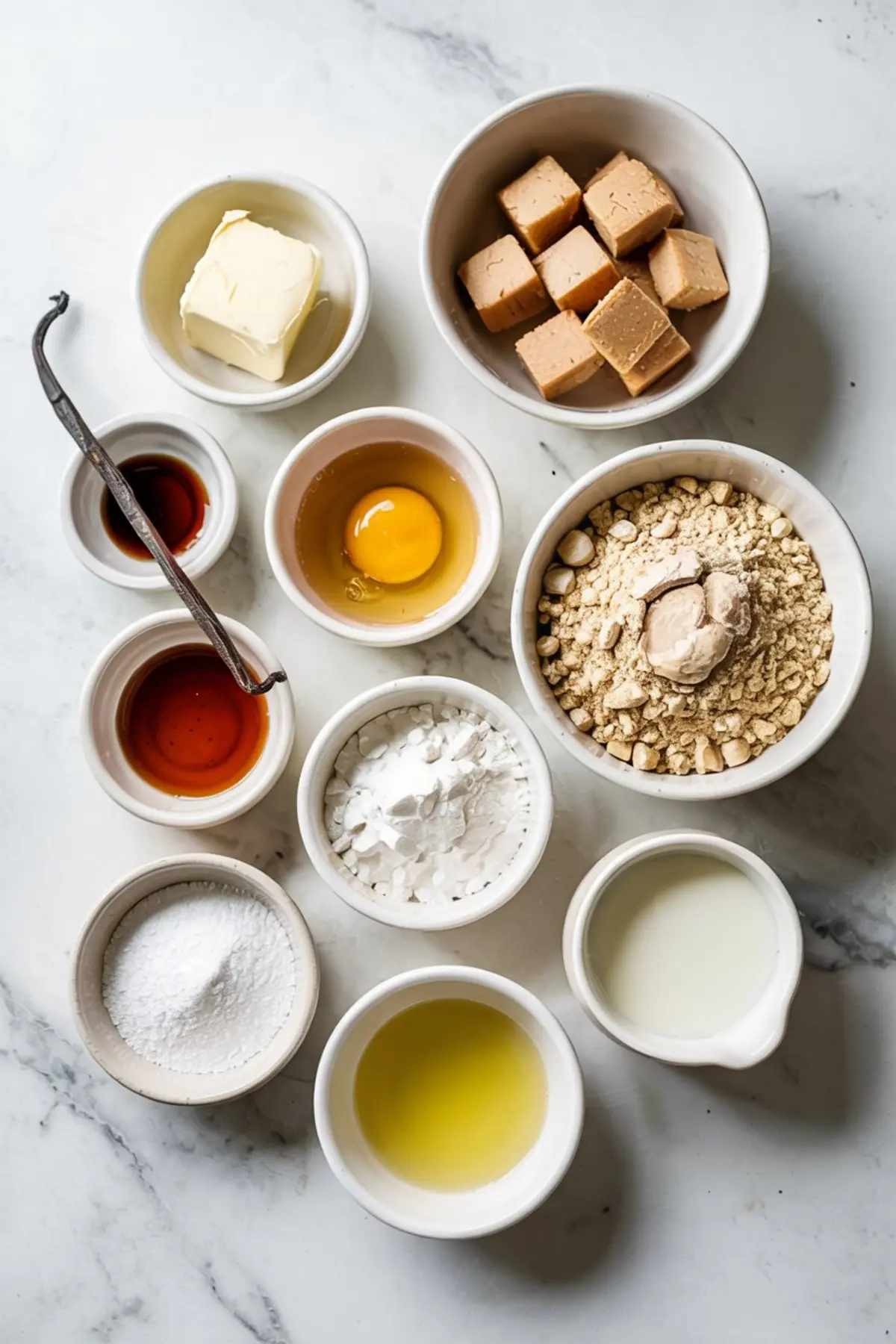 A flat lay of brown sugar maple cookie ingredients, including butter, vanilla extract, egg, maple syrup, flour, powdered sugar, oil, milk, and cubed brown sugar fudge, arranged in white bowls on a marble surface.