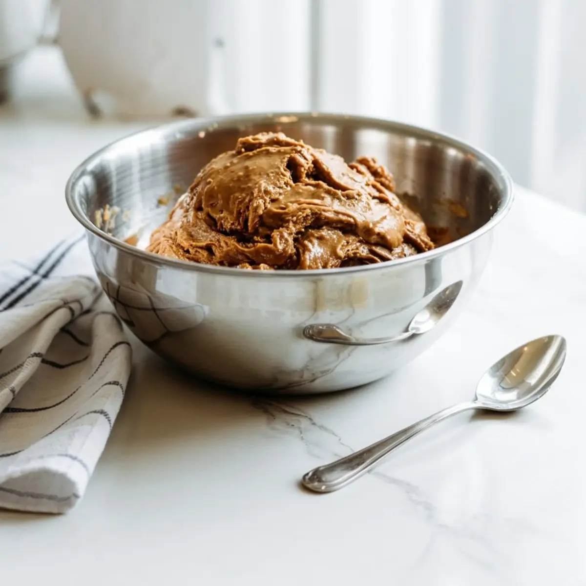 A stainless steel mixing bowl filled with thick brown sugar cookie dough sits on a white marble countertop, with a silver spoon and striped kitchen towel nearby.