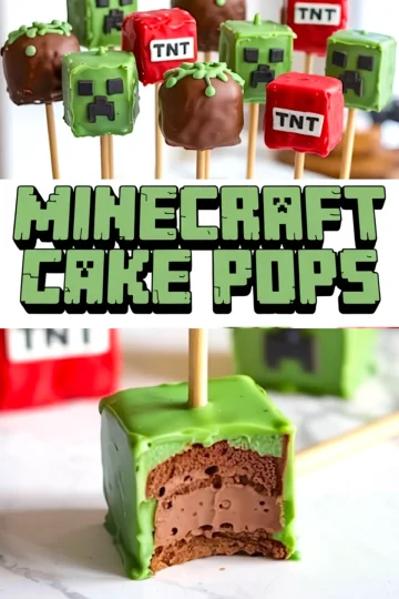 Square Minecraft-themed cake pops in the shape of Creepers, TNT blocks, and dirt blocks with green icing vines, all on wooden sticks. A close-up at the bottom shows a bitten Creeper pop revealing chocolate cake and mousse layers inside.