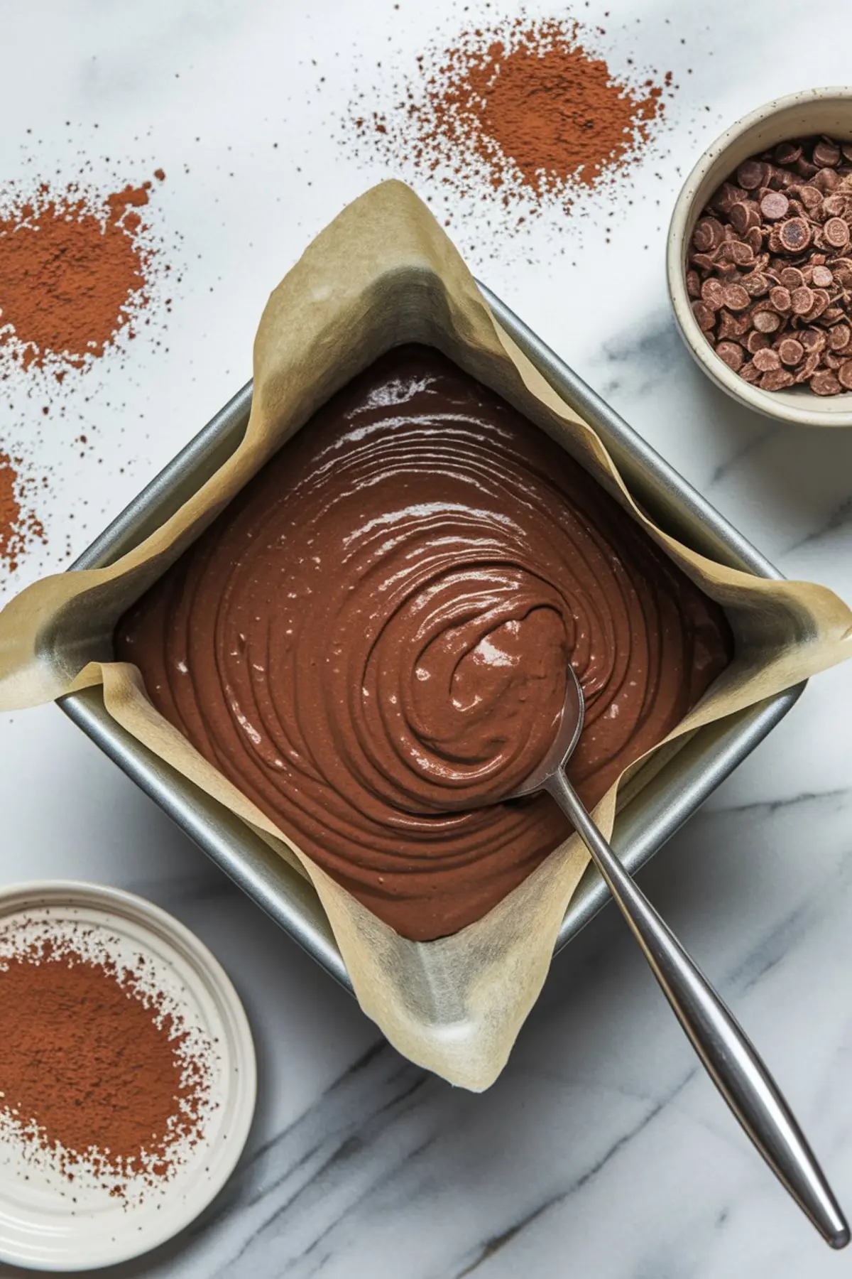 Unbaked chocolate cake batter in a square pan lined with parchment paper, swirled smoothly with a spoon, surrounded by scattered cocoa powder and a bowl of chocolate chips on a marble surface.
