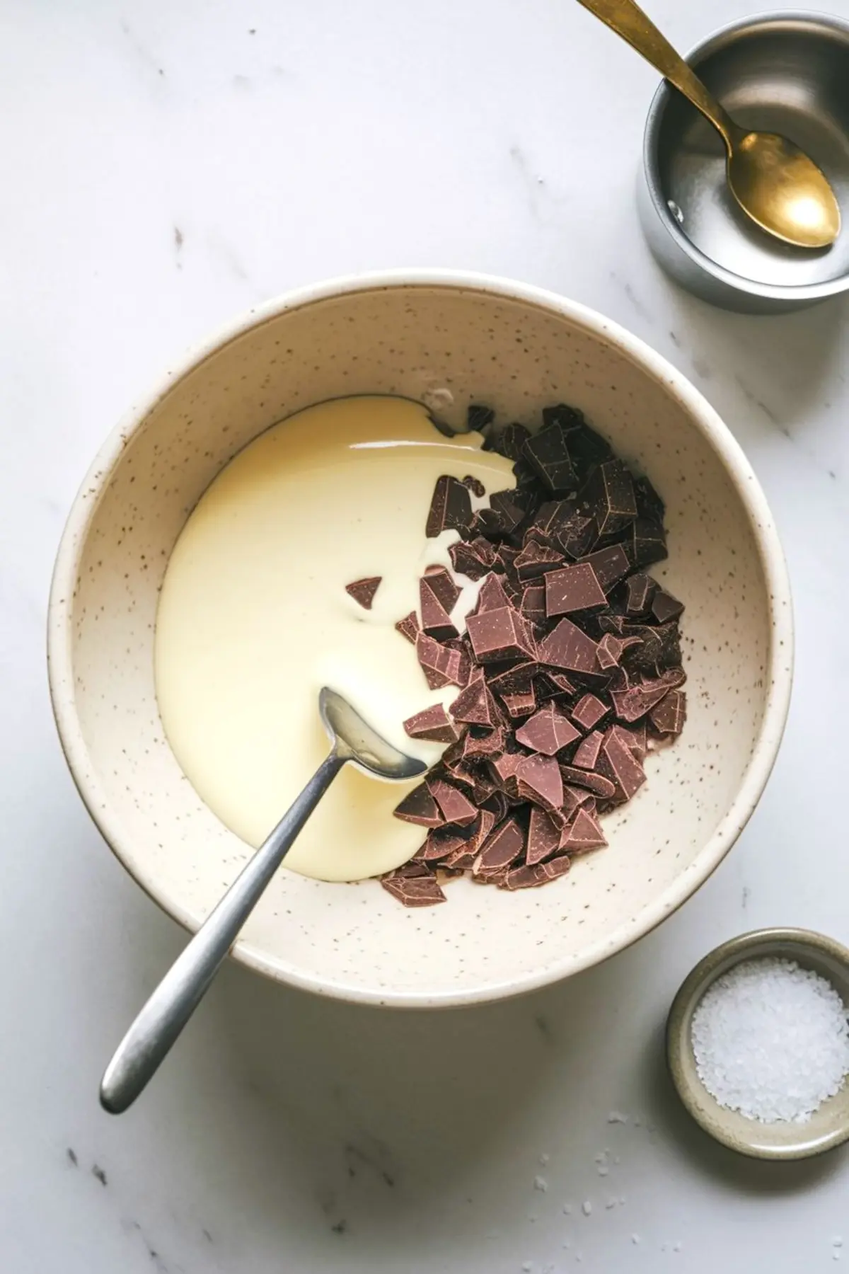 White speckled bowl with dark chocolate chunks and sweetened condensed milk being mixed with a spoon, placed beside small dishes of salt and a golden spoon on a light marble surface.
