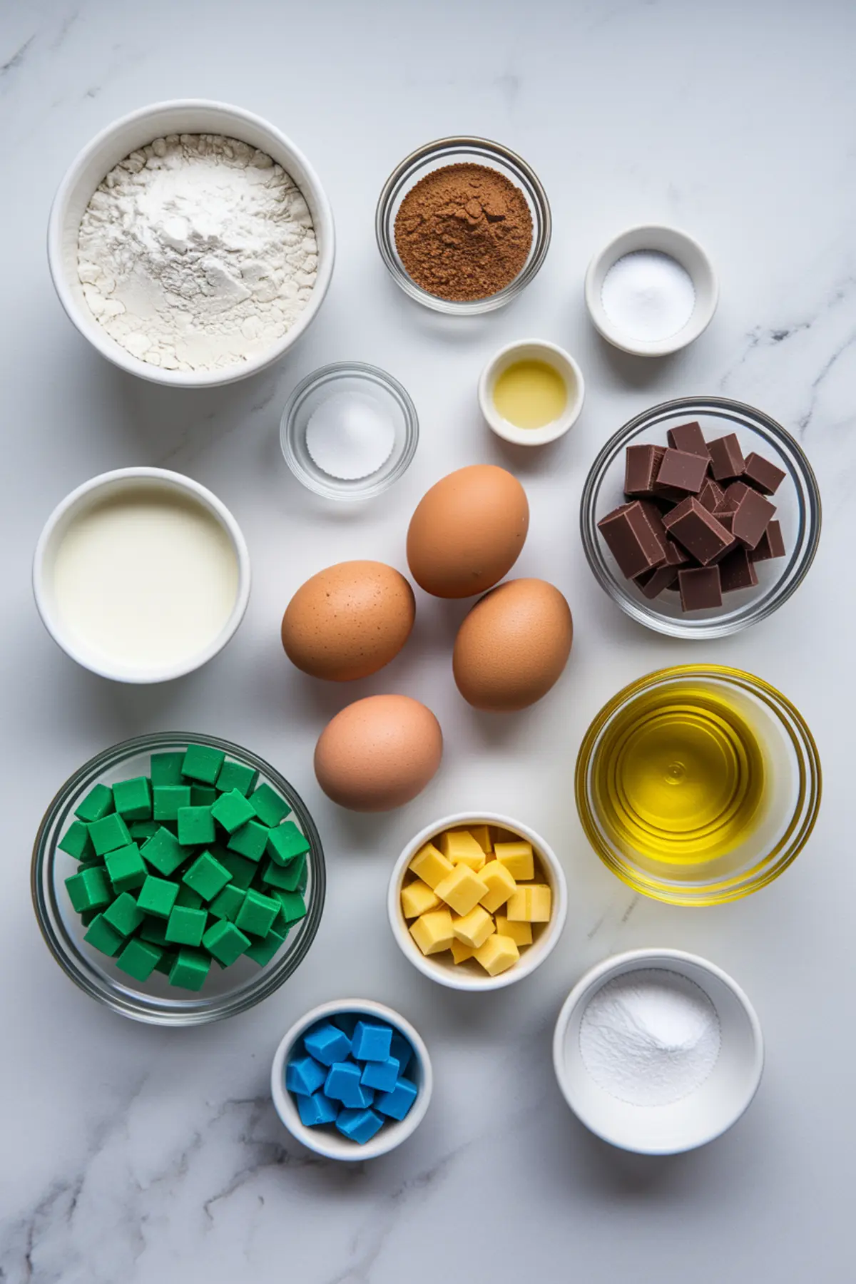 Flat lay of baking ingredients for cake pops, including flour, cocoa powder, eggs, chocolate chunks, sugar, milk, oil, and colorful candy melts in green, yellow, and blue shades, all arranged on a white marble background.
