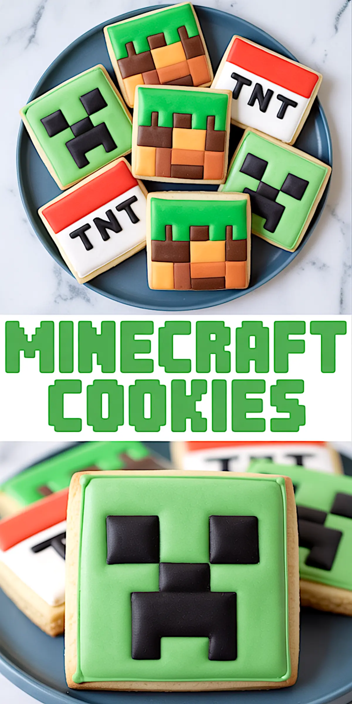 Square Minecraft-themed sugar cookies decorated with vibrant royal icing, featuring Creeper faces, TNT blocks, and pixelated grass blocks on a round plate. The bottom view highlights a close-up of a Creeper cookie with sharp black pixel details against a green background.