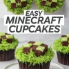 Chocolate cupcakes decorated with vibrant green grass-like buttercream and topped with fondant squares arranged in a pixelated pattern inspired by Minecraft blocks.