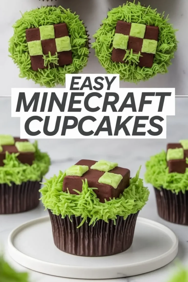 Chocolate cupcakes decorated with vibrant green grass-like buttercream and topped with fondant squares arranged in a pixelated pattern inspired by Minecraft blocks.