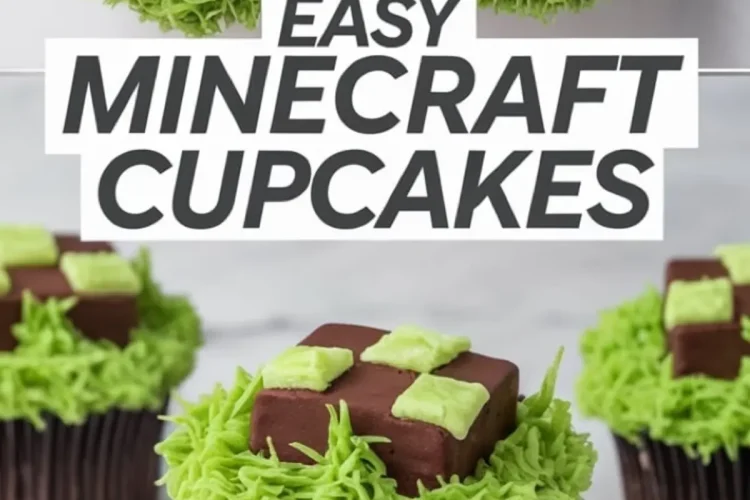 Chocolate cupcakes decorated with vibrant green grass-like buttercream and topped with fondant squares arranged in a pixelated pattern inspired by Minecraft blocks.