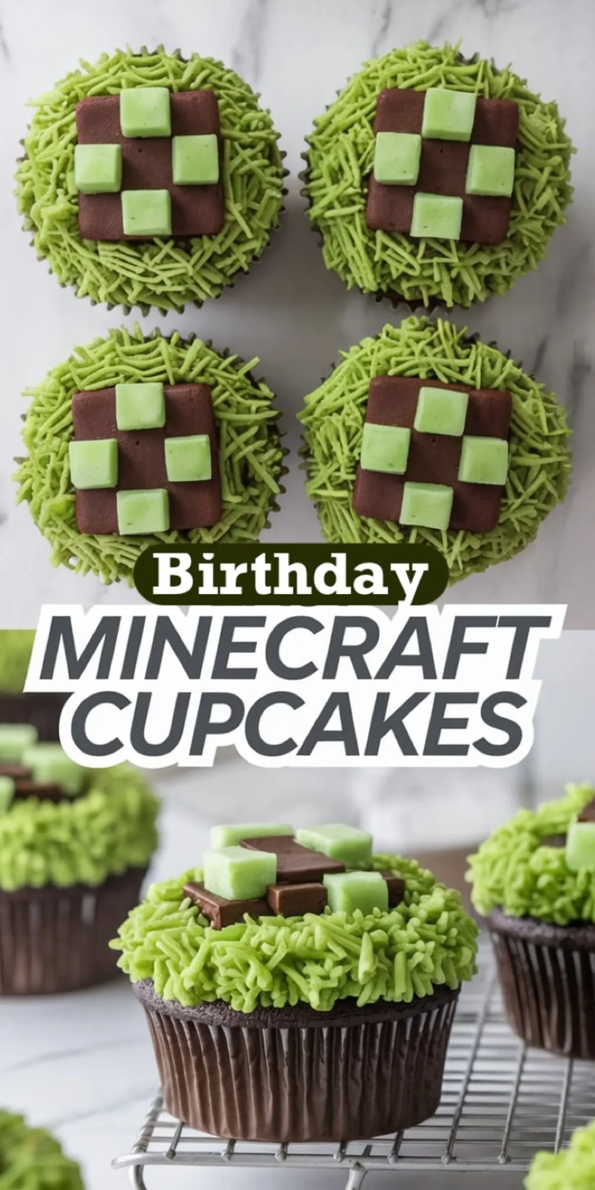 Birthday-themed chocolate cupcakes featuring piped green frosting to resemble grass, topped with Minecraft-style fondant blocks in green and brown for a pixelated effect.
