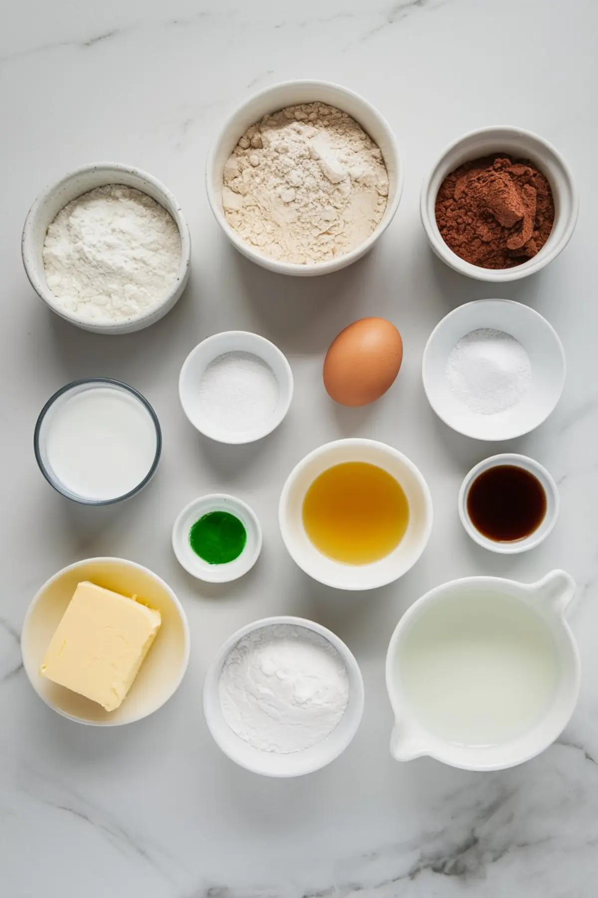 Flat lay of cupcake ingredients on a marble surface including flour, cocoa powder, baking powder, egg, sugar, vanilla extract, butter, milk, oil, green food coloring, and salt.
