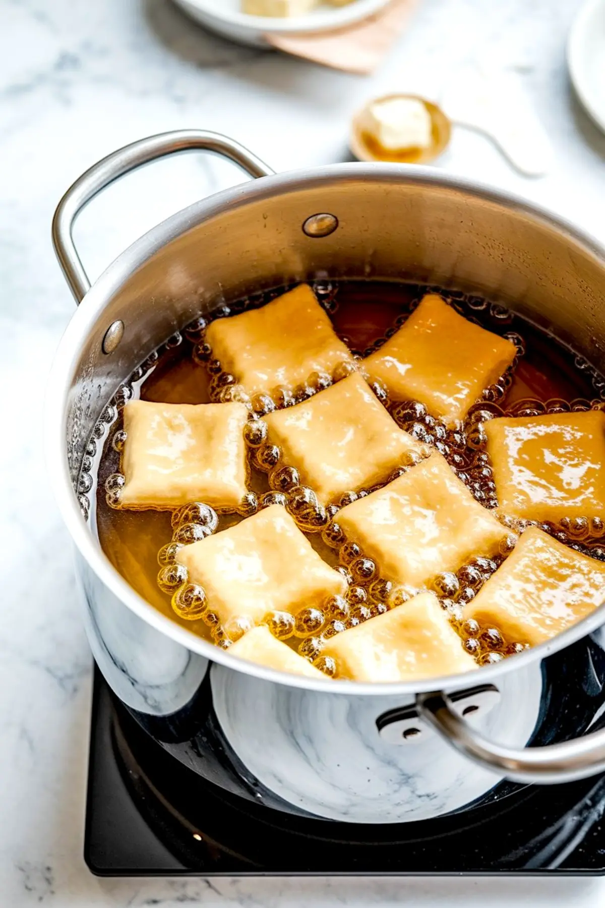 Beignet dough squares frying in hot oil inside a stainless steel pot, bubbles forming around the golden dough as they cook on a stovetop.