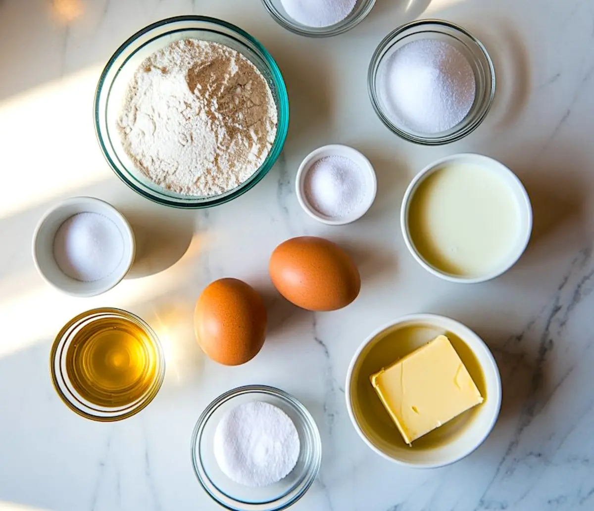 Flat lay of beignet ingredients including flour, sugar, salt, eggs, milk, butter, and oil arranged in clear bowls and dishes on a white marble countertop.