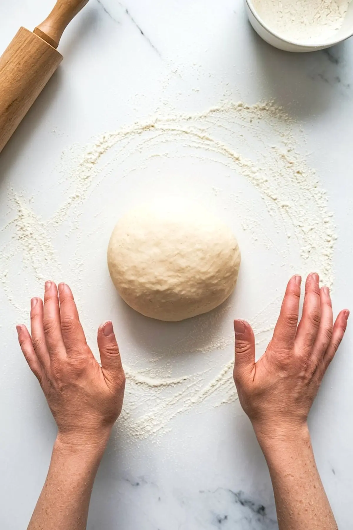 Hands shaping a smooth ball of dough on a floured marble surface with a wooden rolling pin and a bowl of flour, preparing beignet dough for baking or frying.