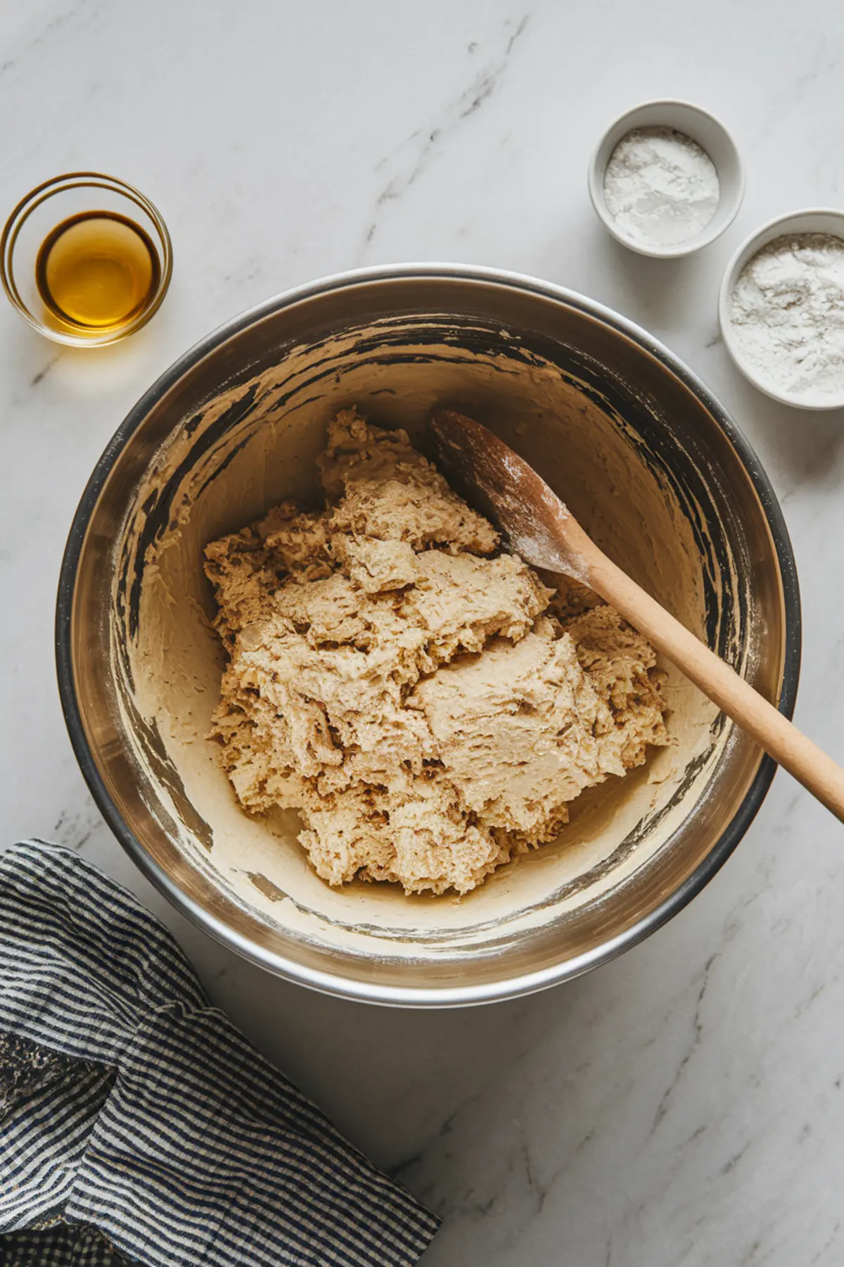 Beignet dough mixture in a large metal mixing bowl with a wooden spoon, surrounded by bowls of flour and oil on a marble kitchen surface.