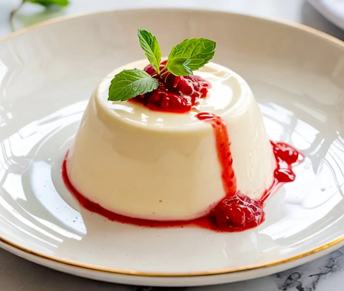 Close-up of smooth vanilla panna cotta topped with crushed raspberries and fresh mint, served on a white plate with a gold rim.
