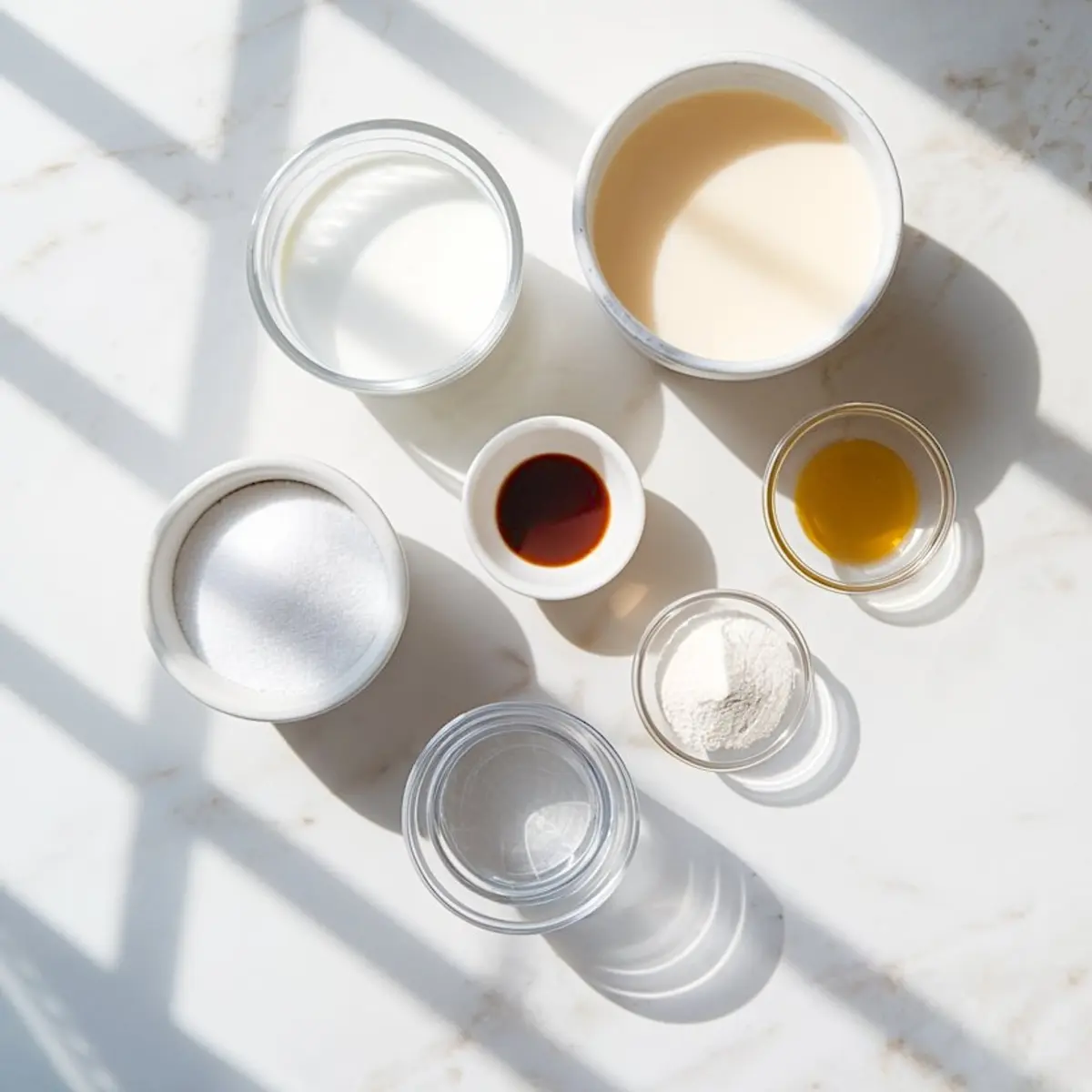 Flat lay of measured panna cotta ingredients including cream, milk, sugar, gelatin, vanilla, and other liquids, arranged on a white marble surface.
