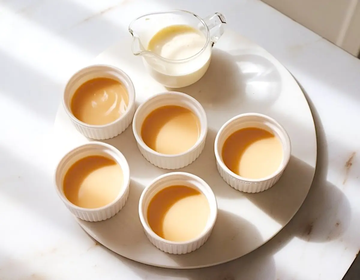 Five white ramekins filled with freshly poured panna cotta mixture set on a round white tray, next to a small pitcher of cream.
